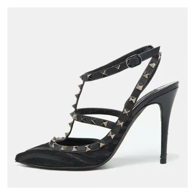 Valentino Black Leather and Calf Hair Rockstud Ankle Strap Pumps Size