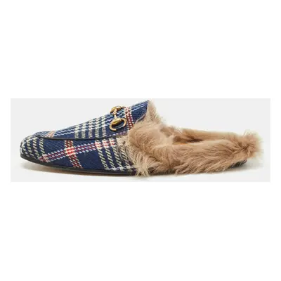 Gucci Blue Plaid Print Tweed Fur Lined Princetown Flat Mules Size