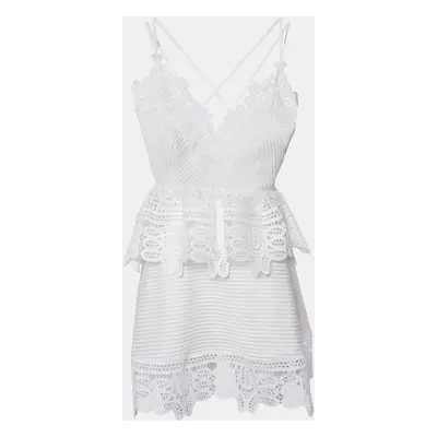 Self-Portrait White Guipure Lace Sleeveless Mini Peplum Dress