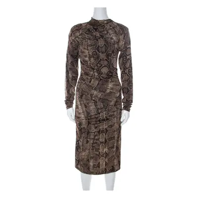 Roberto Cavalli Brown Snake Printed Jersey Ruched Detail Dress