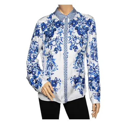 Roberto Cavalli White & Blue Floral Print Long Sleeve Shirt