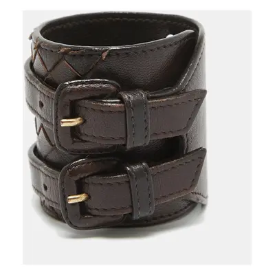 Bottega Veneta Dark Brown Intrecciato Leather Double Buckle Wrap Bracelet