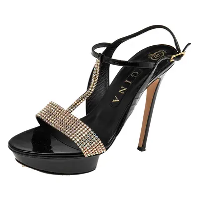 Gina Black Patent Leather Crystal Embellished T-Strap Sandals Size 39.5