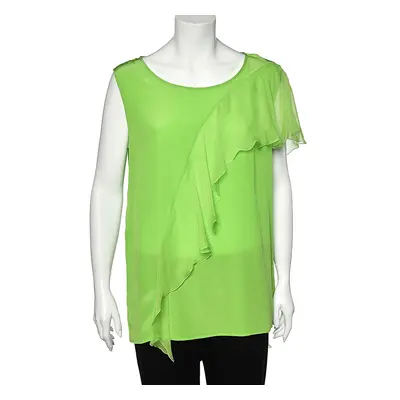 Versace Neon Green Silk Ruffled Sleeveless Top