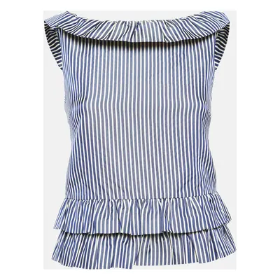 Dior White/Blue Stripe Patterned Cotton & Silk Blend Ruffled Top