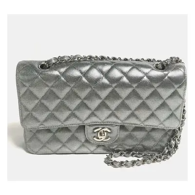 Chanel Metallic Silver Quilted Calfskin Pixel Effect Medium Classic Double Flap Bag