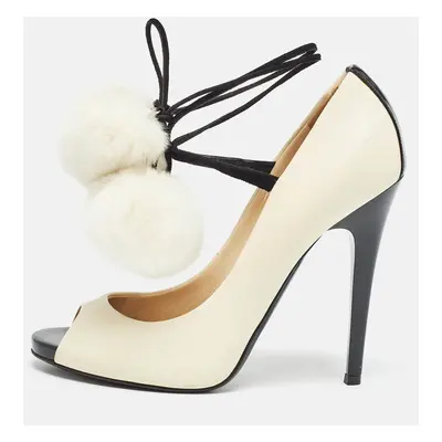 Jimmy Choo White/Black Fur and Leather Open Toe Pumps Size