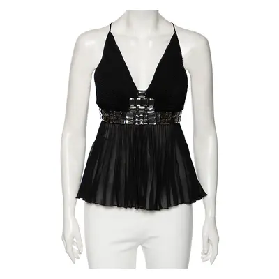 Just Cavalli Black Silk Embellished Waist Pleated Top