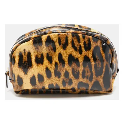 Roberto Cavalli Brown/Black Leopard Print Coated Canvas Cosmetic Pouch