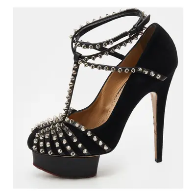 Charlotte Olympia Black Suede Studded Strappy Ankle Strap Platform Sandals Size