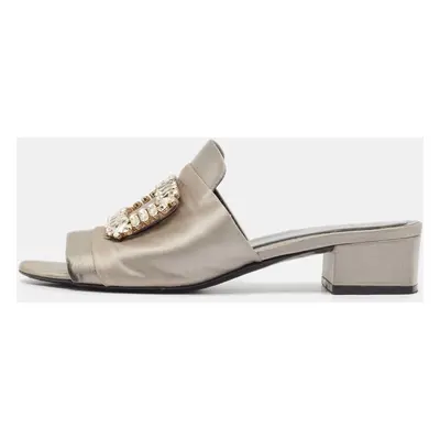 Roger Vivier Grey Satin Crystal Embellished Slide Sandals Size