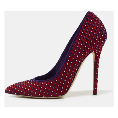 Brian Atwood Red/Blue Suede Embroidered and Studded Pumps Size