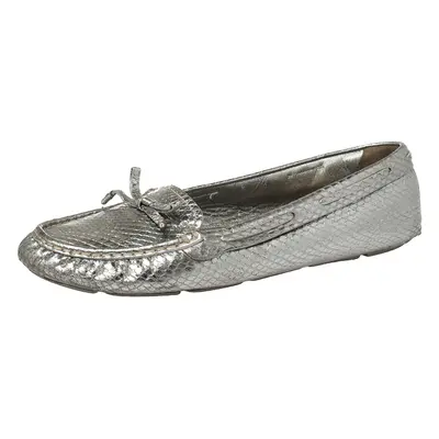 Prada Silver Python Embossed Leather Bow Slip On Loafers Size