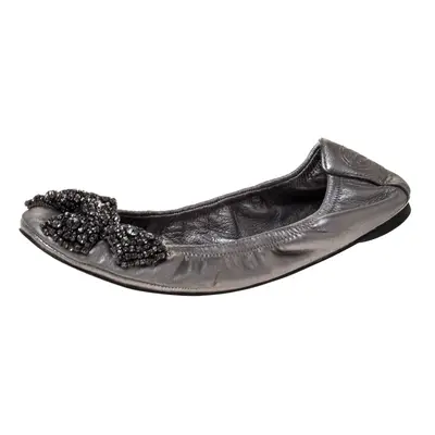 Tory Burch Metallic Silver Leather Azalea Scrunch Ballet Flats Size