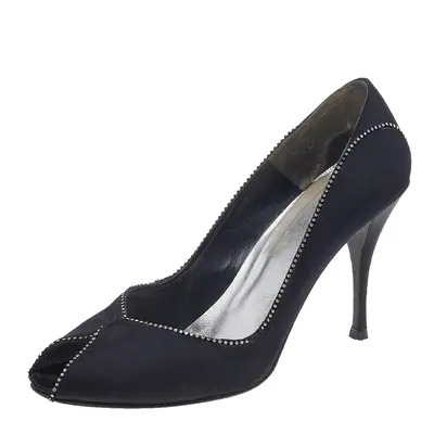 Stuart Weitzman Black Satin Embellished Peep Toe Pumps Size