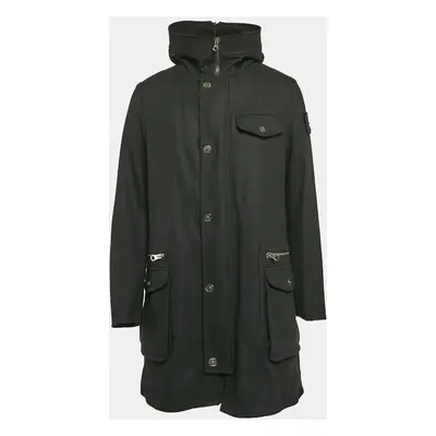 Emporio Armani Black Wool Zip-Up Hooded Long Coat