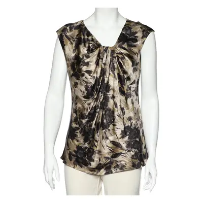 Max Mara Studio Brown Floral Printed Silk Draped Sleeveless Top