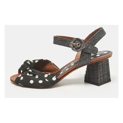 Dolce & Gabbana Black Polka Dot Knotted Fabric and Raffia Ankle Strap Sandals Size