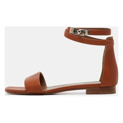 Hermes Brown Leather Manege Ankle Strap Flat Sandals Size