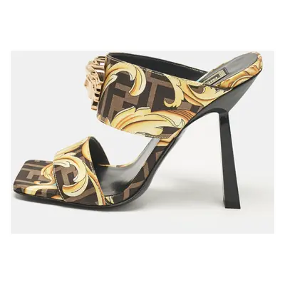 Fendi x Versace Black/Yellow Baroque Fabric Medusa Slide Sandals Size 36.5