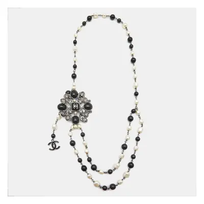 Chanel CC Resin Faux Pearl Beads Crystals Silver Tone Necklace