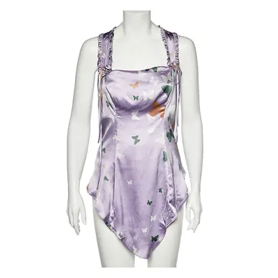 Valentino Lilac Butterfly Printed Silk Satin Asymmetric Hem Camisole