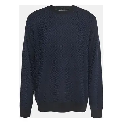 Emporio Armani Navy Blue/Black Patterned Wool Knit Crew Neck Sweater 3XL