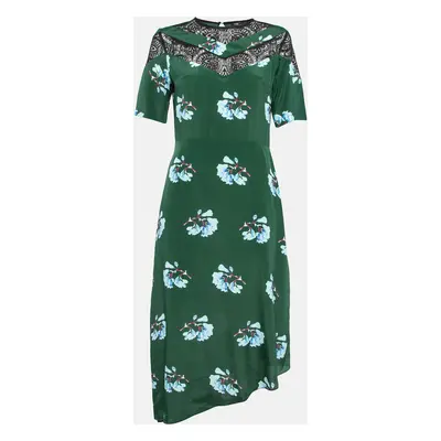 Maje Green Floral Print Lace Trim Crepe Asymmetric Midi Dress