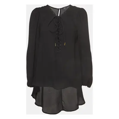 Elisabetta Franchi Black Crepe Lace-Up Neck Camicia Blouse