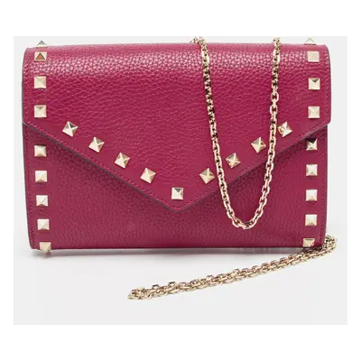 Valentino Pink Leather Rockstud Envelope Wallet on Chain