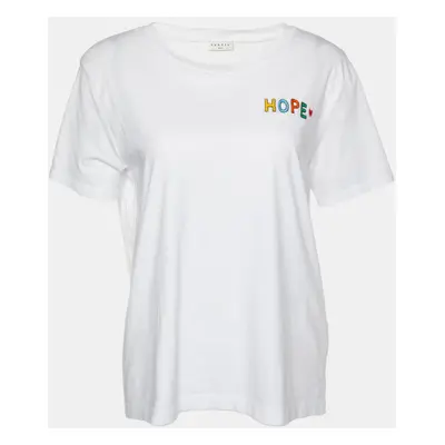 Sandro White Cotton Hope Embroidered Crew Neck T-Shirt