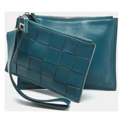 Bottega Veneta Teal Green Leather Double Pouch Clutch