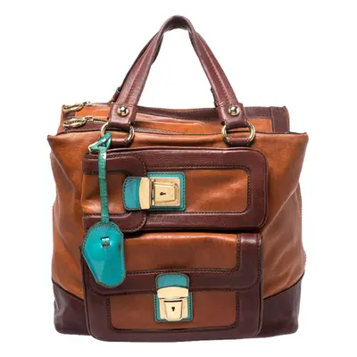 Dolce & Gabbana Brown/Turquoise Leather Push Lock Satchel