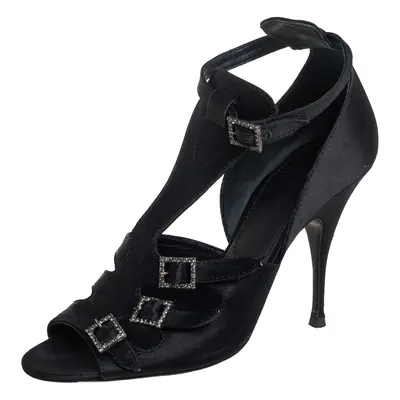 Givenchy Black Satin Cystal Buckle Embellished T-Strap Open Toe Sandals Size