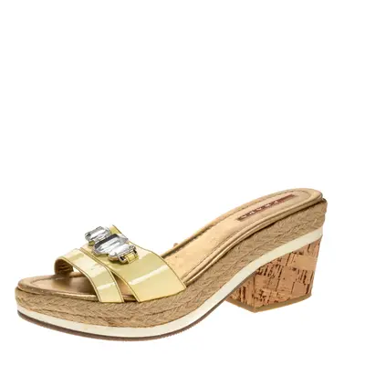 Prada Sport Yellow Patent Leather Cork Wedge Espadrille Slide Sandals Size 38.5