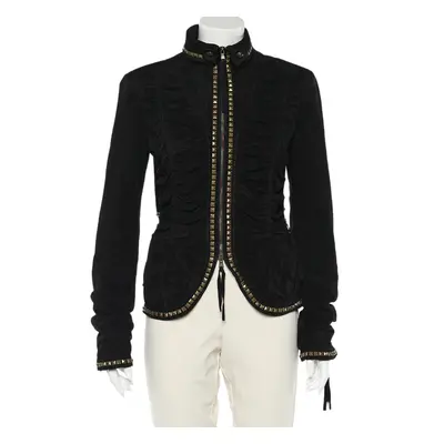 Roberto Cavalli Black Studded Suede Zip Front Ruched Jacket