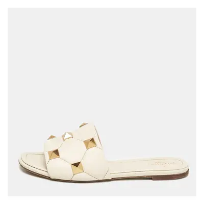 Valentino Cream Leather Roman Stud Flat Sandals Size