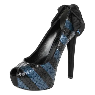 Louis Vuitton Blue/Black Sequin Peep Toe Platform Pumps Size