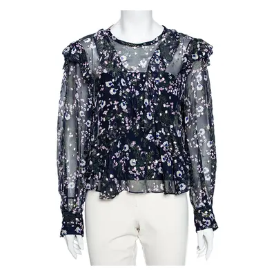 Isabel Marant Navy Blue Floral Printed Silk & Lurex Ruffle Trimmed Blouse