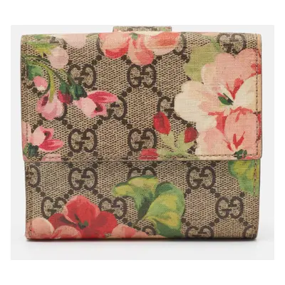 Gucci Pink/Beige GG Supreme Blooms Canvas French Flap Wallet