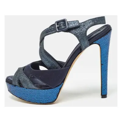 Dior Blue Satin and Glitter Platform Ankle Strap Sandals Size