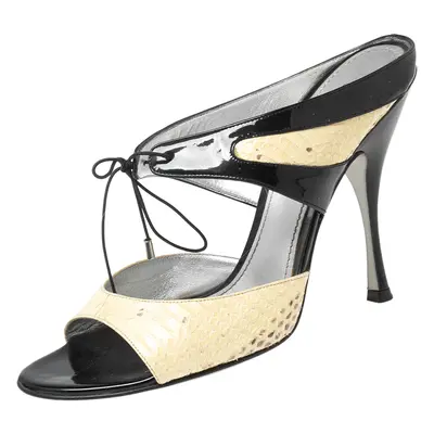 Dolce & Gabbana Black/Beige Patent And Python Leather Open Toe Sandals Size