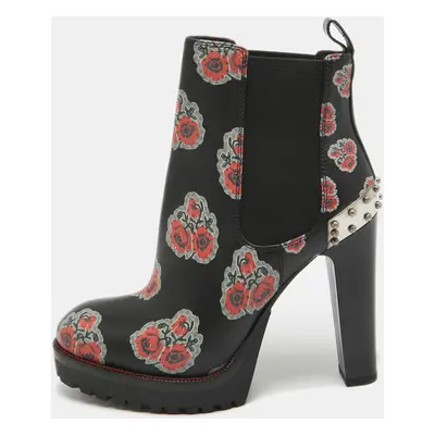 Alexander McQueen Black/Red Floral Print Leather Studded Ankle Boots Size