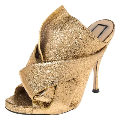 N21 Glitter Knot Gold Crackled Leather Mule Sandals Size