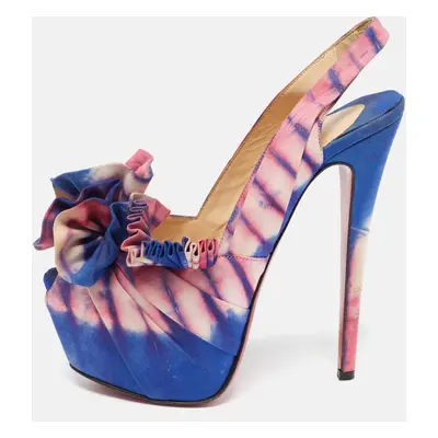 Christian Louboutin Blue/Pink Printed Fabric High Boubou Bazin Slingback Pumps Size