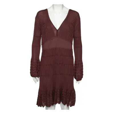 M Missoni Burgundy Patterned Knit Long Sleeve V-Neck Dress