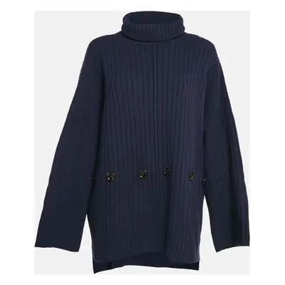 Joseph Navy Blue Rib Knit Wool Buttoned Poncho