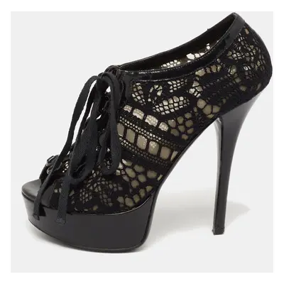 Dolce & Gabbana Black Lace and Patent Leather Lace-Up Peep-Toe Platform Booties Size 37.5