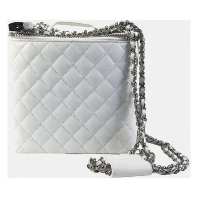 Chanel White Lambskin Quilted Vanity Case