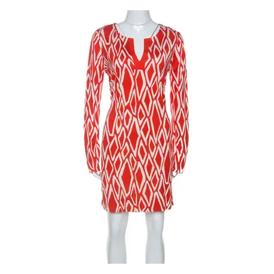 Diane Von Furstenberg Coral Red Ikat Print Silk Reina Long Sleeve Dress